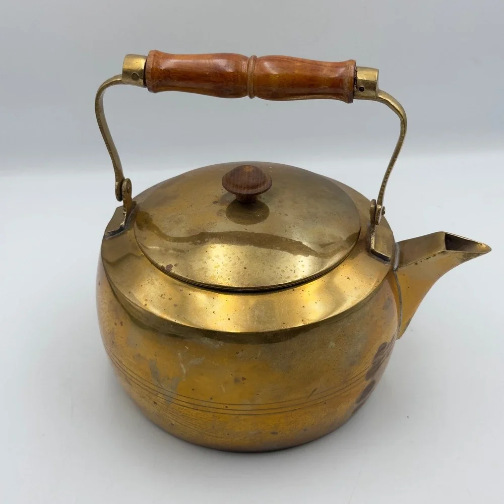 Vintage Solid Brass Decorative Tea Kettle Wood Handle Handmade India Patina 8in